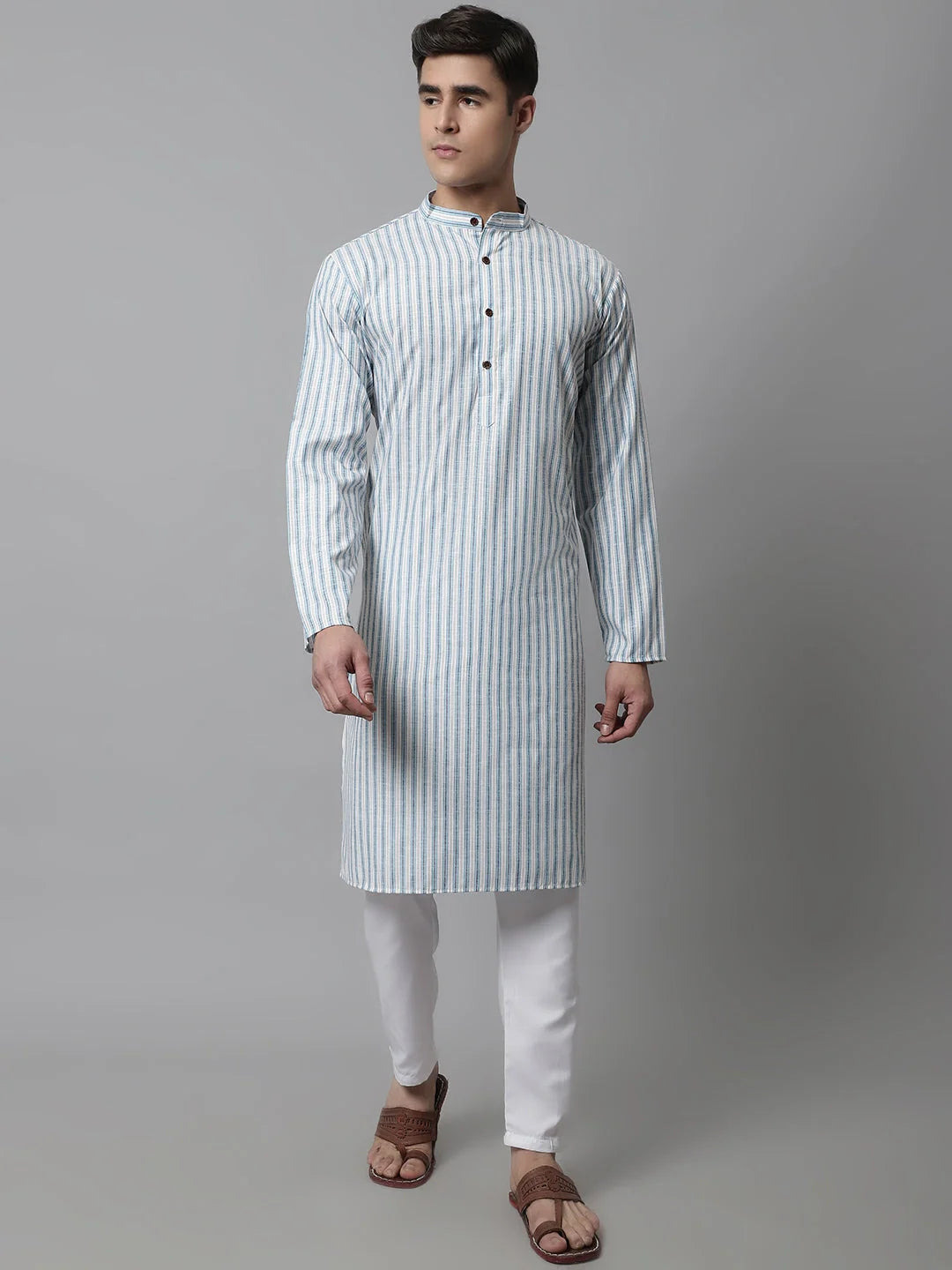 Sky Blue Striped Mens Kurta Pajama | Cotton Kurta Set