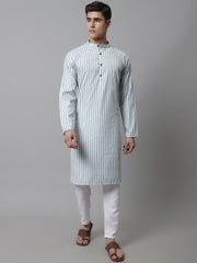 Men Sky Blue and White Striped Kurta with Pyjama ( JOKP 683Sky )-JOKP-683