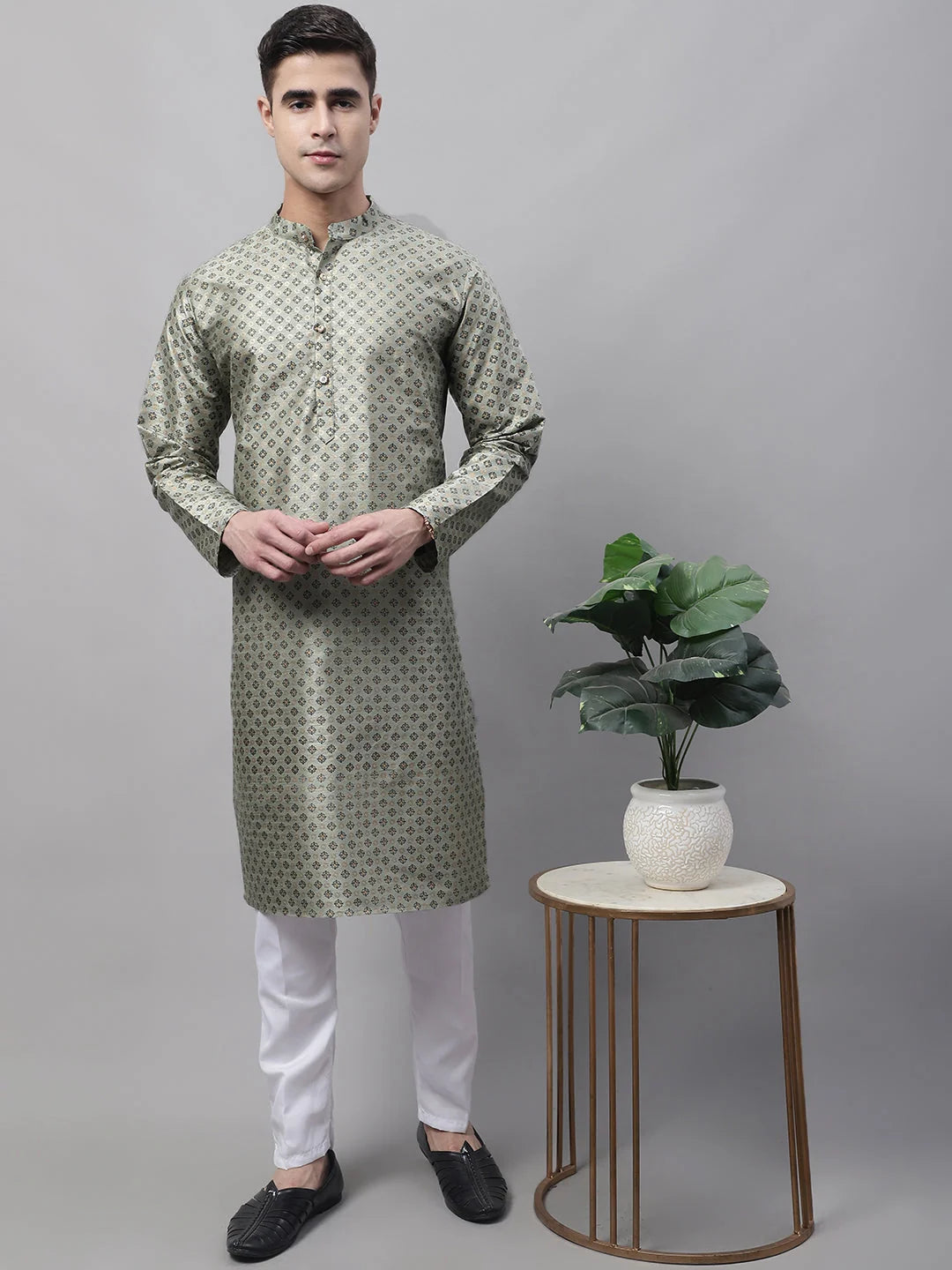 Green Printed Silk Blend Mens Kurta Pajama Set | Ethnic Wear