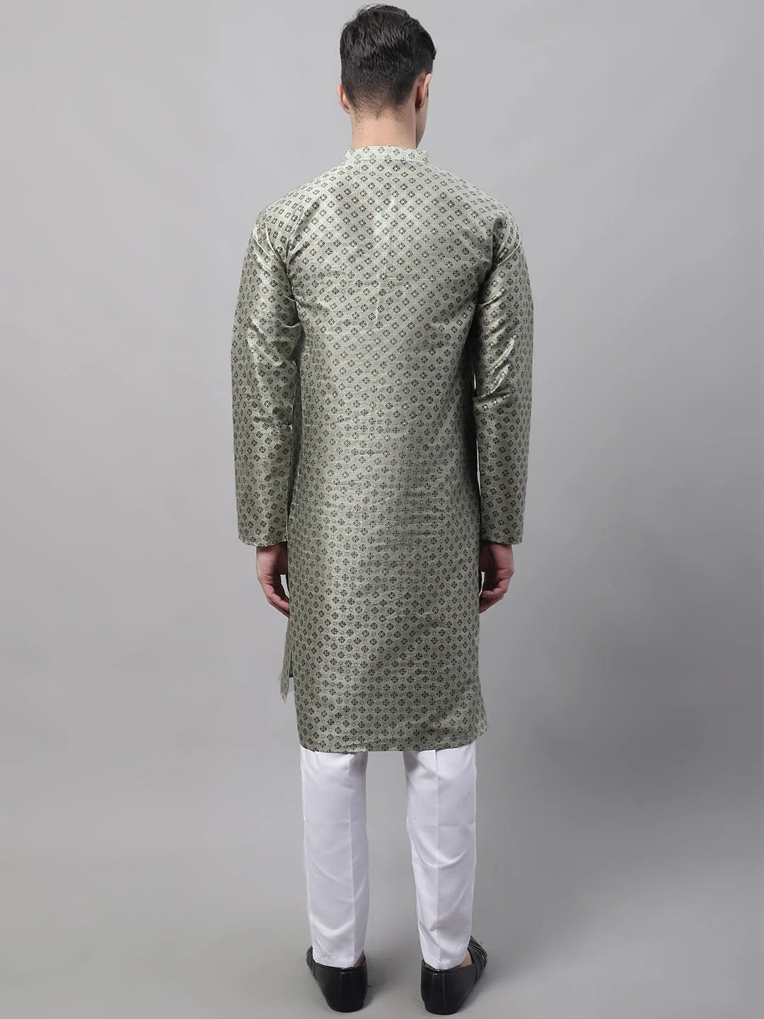 Green Printed Silk Blend Mens Kurta Pajama Set | Ethnic Wear