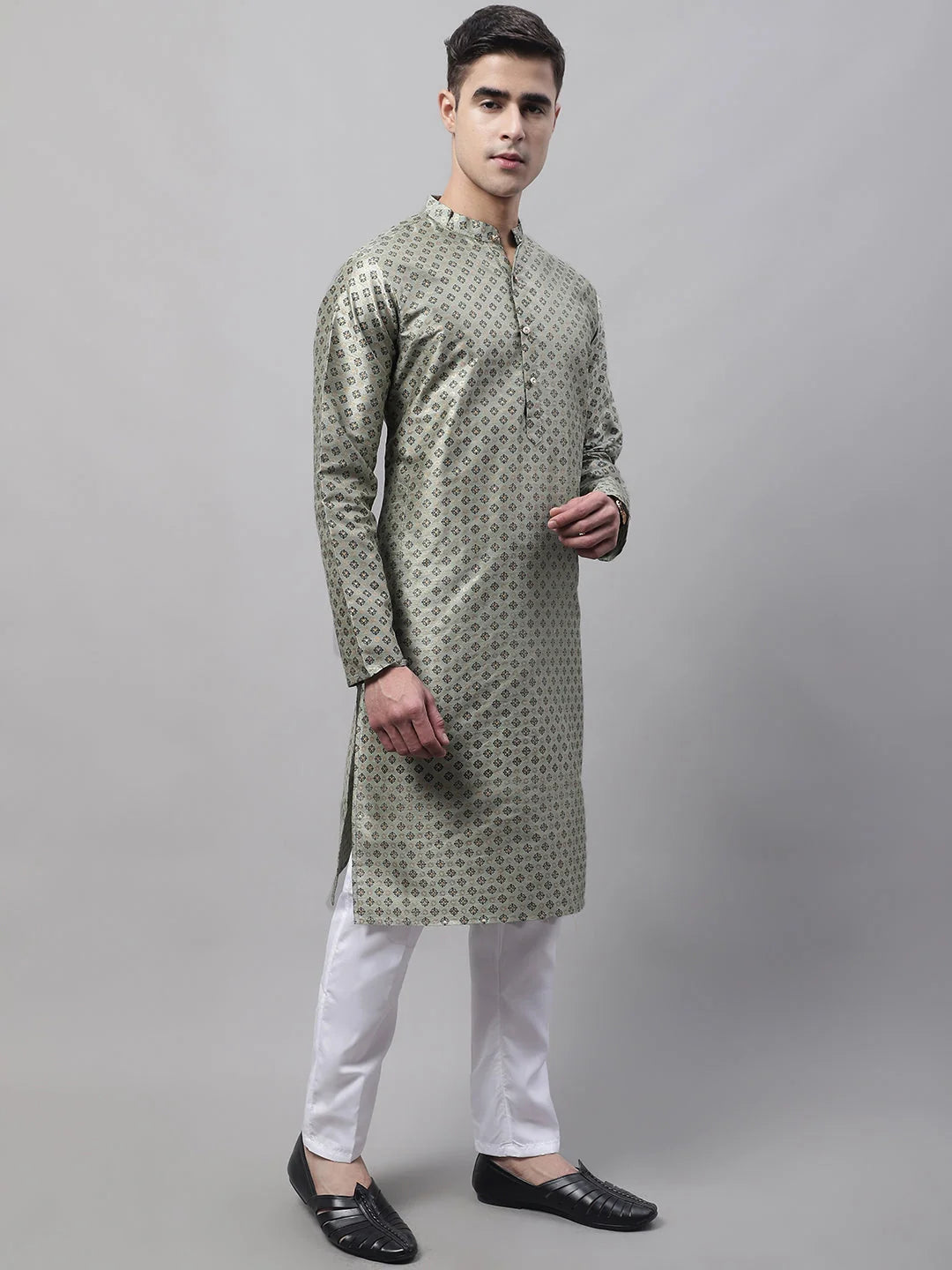 Green Printed Silk Blend Mens Kurta Pajama Set | Ethnic Wear