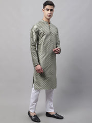 Men's Green Printed Silk Blend Kurta Payjama-JOKP-686