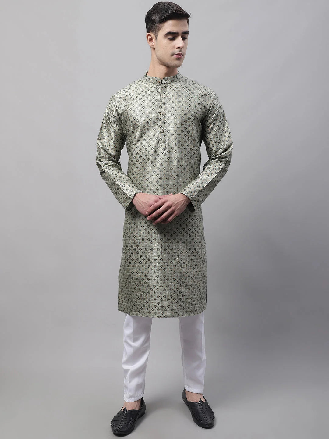 Green Printed Silk Blend Mens Kurta Pajama Set | Ethnic Wear