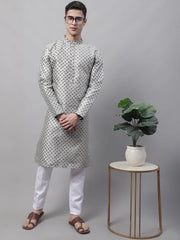 Men's Grey Printed Silk Blend Kurta Payjama-JOKP-686