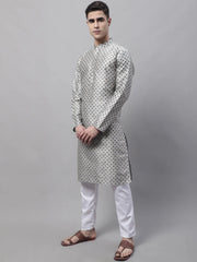 Men's Grey Printed Silk Blend Kurta Payjama-JOKP-686