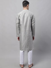 Men's Grey Printed Silk Blend Kurta Payjama-JOKP-686
