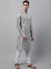 Men's Grey Printed Silk Blend Kurta Payjama-JOKP-686