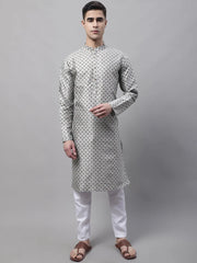Men's Grey Printed Silk Blend Kurta Payjama-JOKP-686