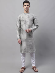 Men's Grey Printed Silk Blend Kurta Payjama-JOKP-686