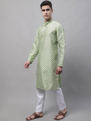Men's Pista Green Printed Silk Blend Kurta Payjama-JOKP-686