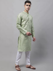 Men's Pista Green Printed Silk Blend Kurta Payjama-JOKP-686