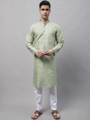 Men's Pista Green Printed Silk Blend Kurta Payjama-JOKP-686