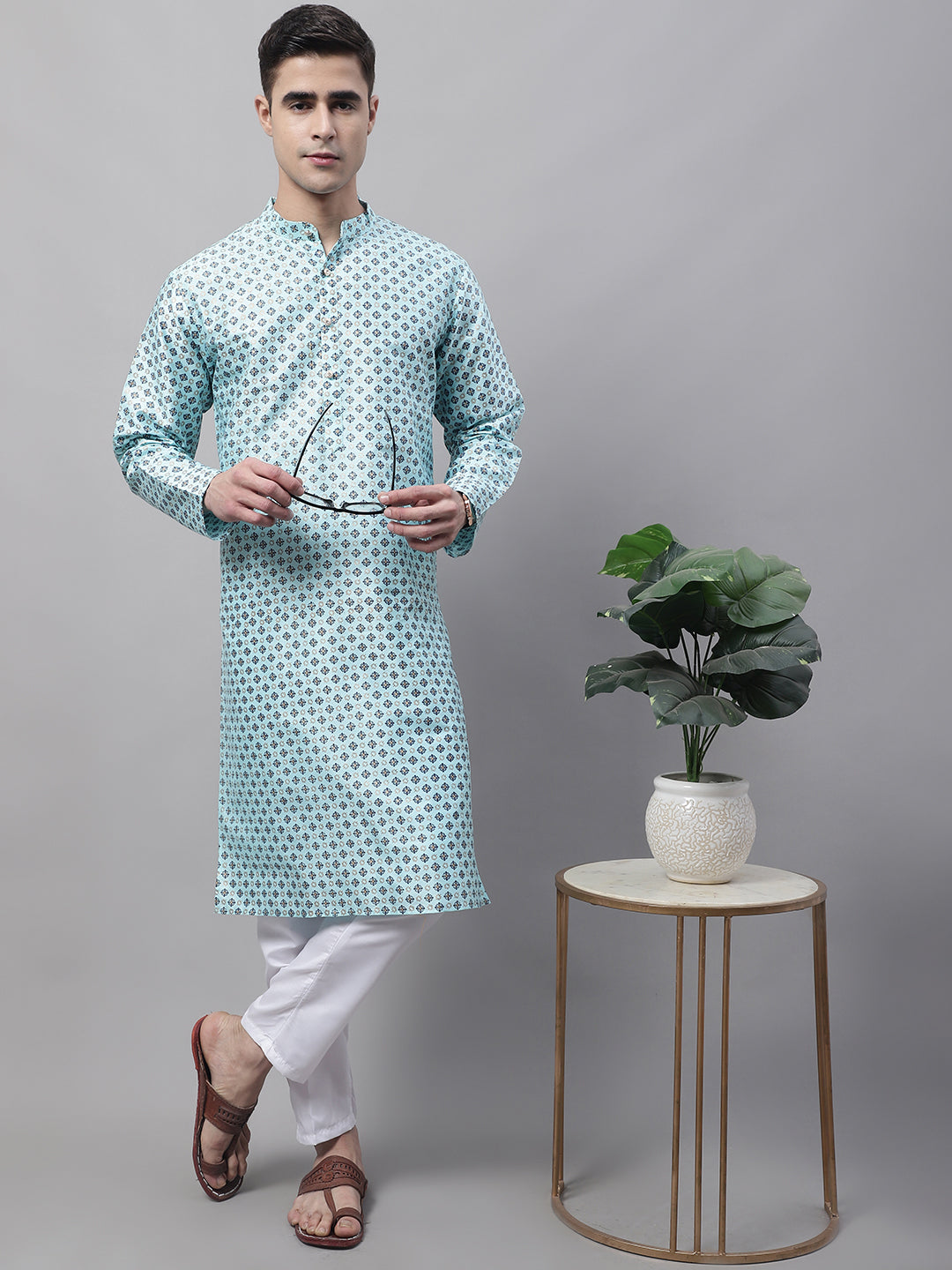 Men's Sky Blue Printed Silk Blend Kurta Payjama-JOKP-686