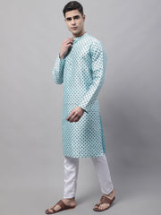 Men's Sky Blue Printed Silk Blend Kurta Payjama-JOKP-686