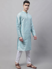Men's Sky Blue Printed Silk Blend Kurta Payjama-JOKP-686