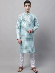 Men's Sky Blue Printed Silk Blend Kurta Payjama-JOKP-686