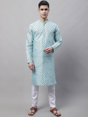 Men's Sky Blue Printed Silk Blend Kurta Payjama-JOKP-686