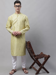 Men's Yellow Printed Silk Blend Kurta Payjama-JOKP-686