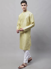 Men's Yellow Printed Silk Blend Kurta Payjama-JOKP-686