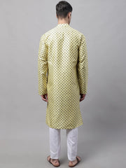 Men's Yellow Printed Silk Blend Kurta Payjama-JOKP-686