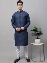 Men's Navy Blue Printed Pure Cotton Kurta Payjama Set-JOKP-687