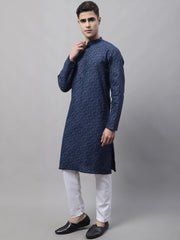 Men's Navy Blue Printed Pure Cotton Kurta Payjama Set-JOKP-687
