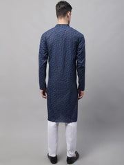 Men's Navy Blue Printed Pure Cotton Kurta Payjama Set-JOKP-687