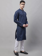 Men's Navy Blue Printed Pure Cotton Kurta Payjama Set-JOKP-687