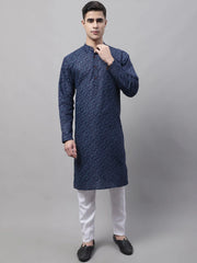 Men's Navy Blue Printed Pure Cotton Kurta Payjama Set-JOKP-687
