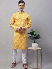Men's Yellow Printed Pure Cotton Kurta Payjama Set-JOKP-687