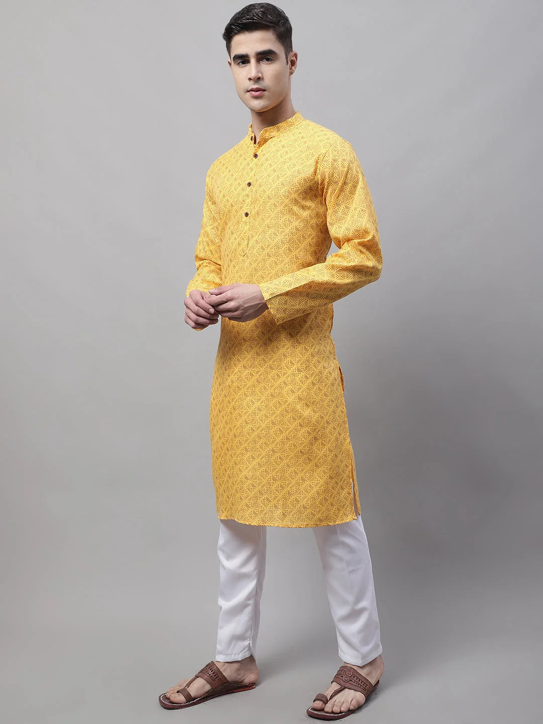 Yellow Printed Cotton Mens Kurta Pajama Set | Ethnic Wear