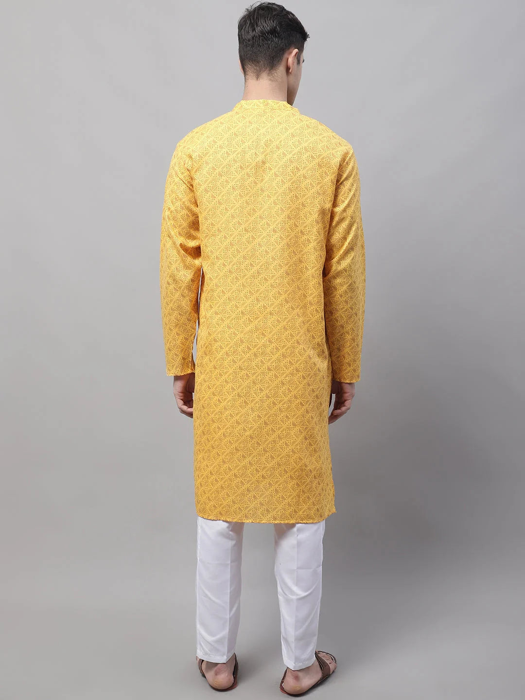 Yellow Printed Cotton Mens Kurta Pajama Set | Ethnic Wear