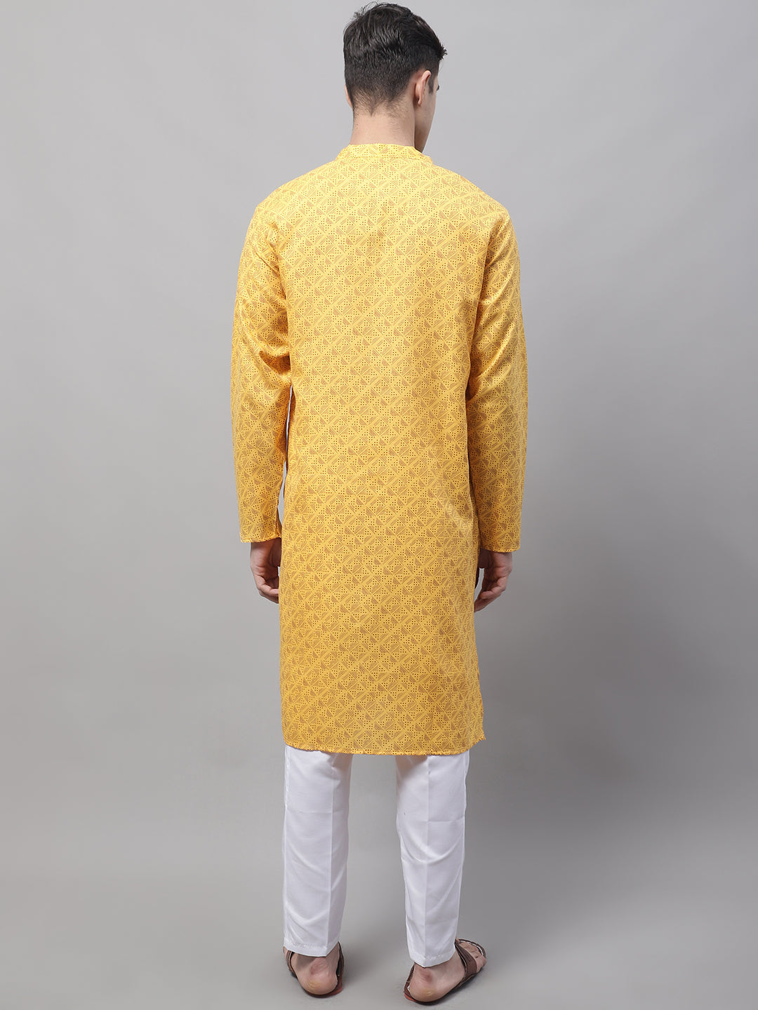 Yellow Printed Cotton Mens Kurta Pajama Set | Ethnic Wear