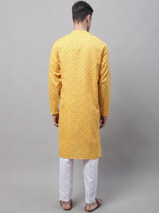 Men's Yellow Printed Pure Cotton Kurta Payjama Set-JOKP-687