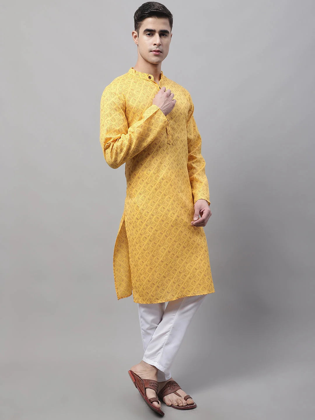 Yellow Printed Cotton Mens Kurta Pajama Set | Ethnic Wear