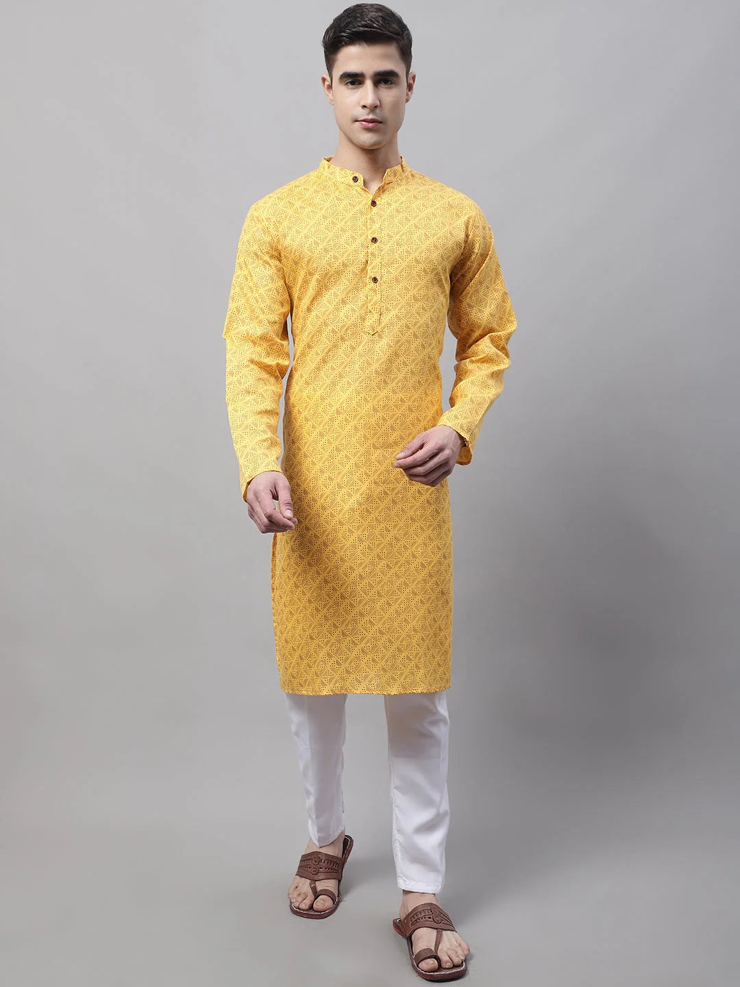 Yellow Printed Cotton Mens Kurta Pajama Set | Ethnic Wear