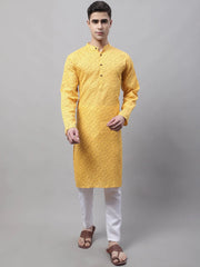 Men's Yellow Printed Pure Cotton Kurta Payjama Set-JOKP-687