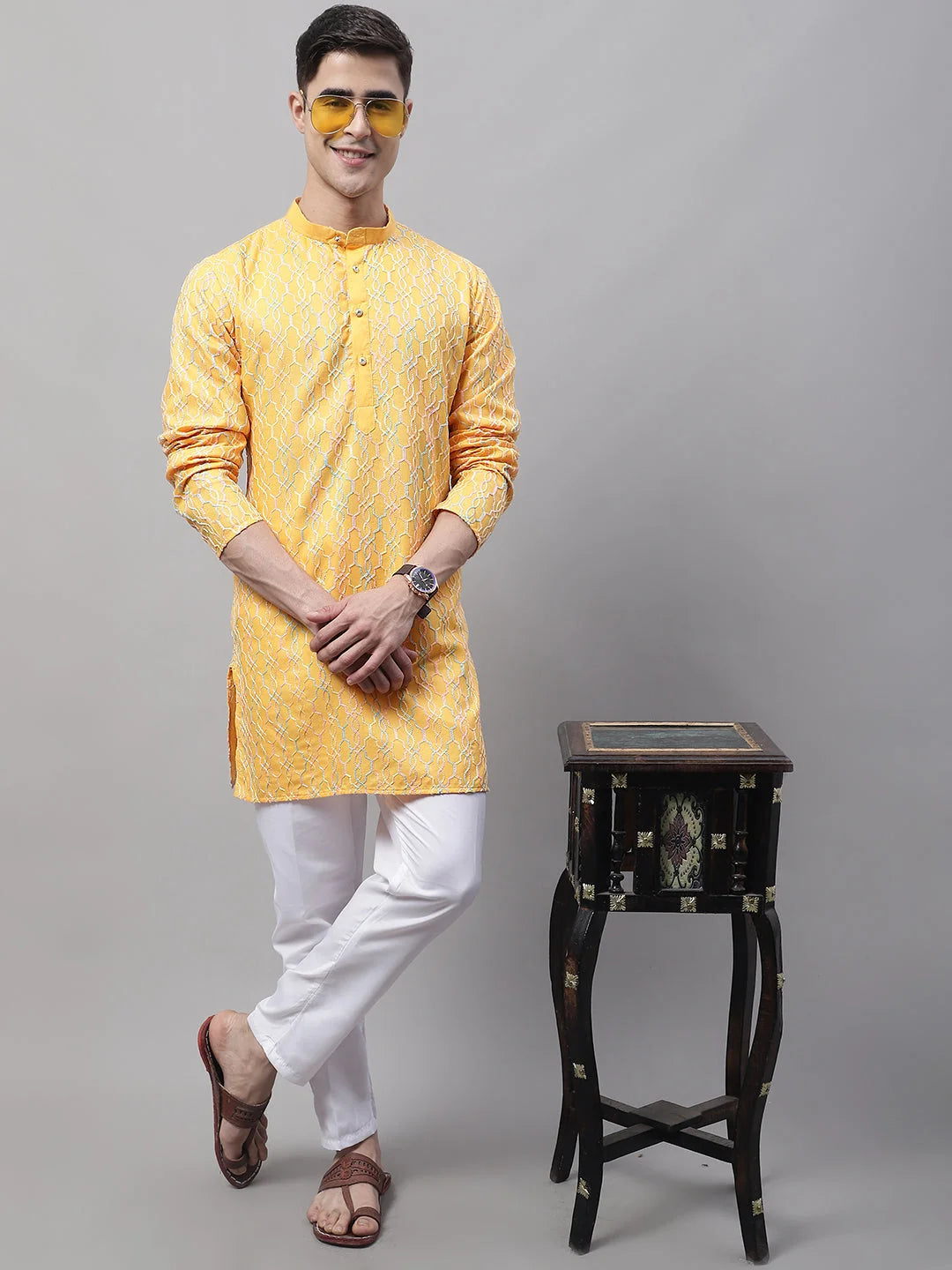 Mustard Embroidered Mens Kurta Pajama Set | Ethnic Wear