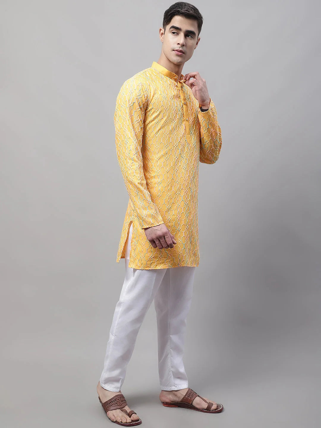 Mustard Embroidered Mens Kurta Pajama Set | Ethnic Wear