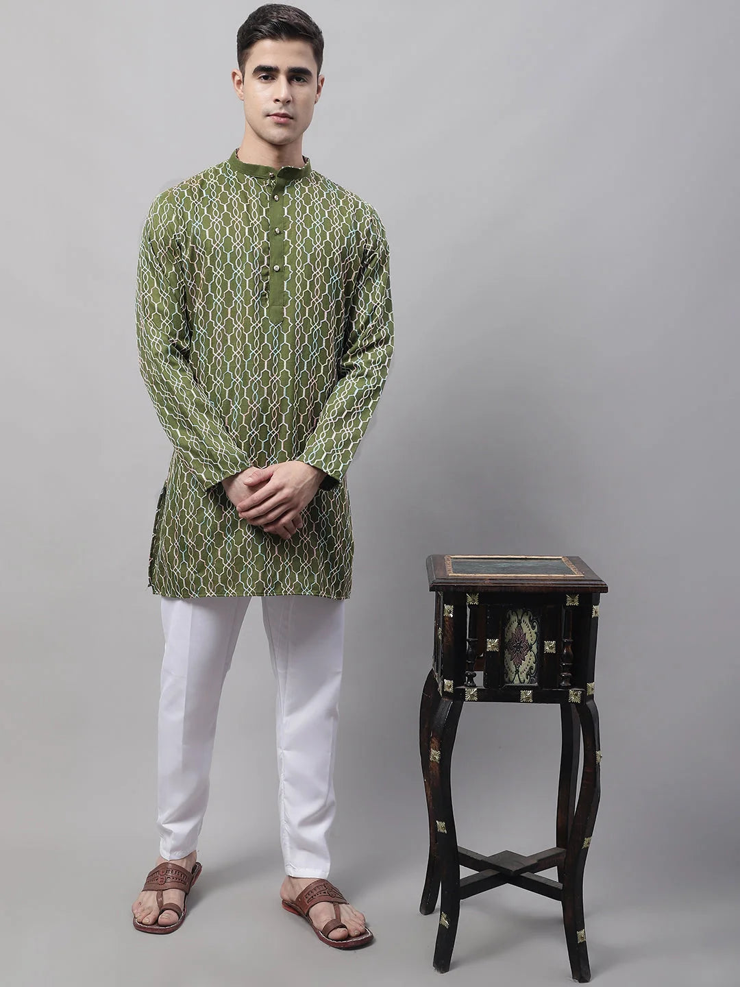 Olive Green Embroidered Kurta Pajama Set | Pathani Style