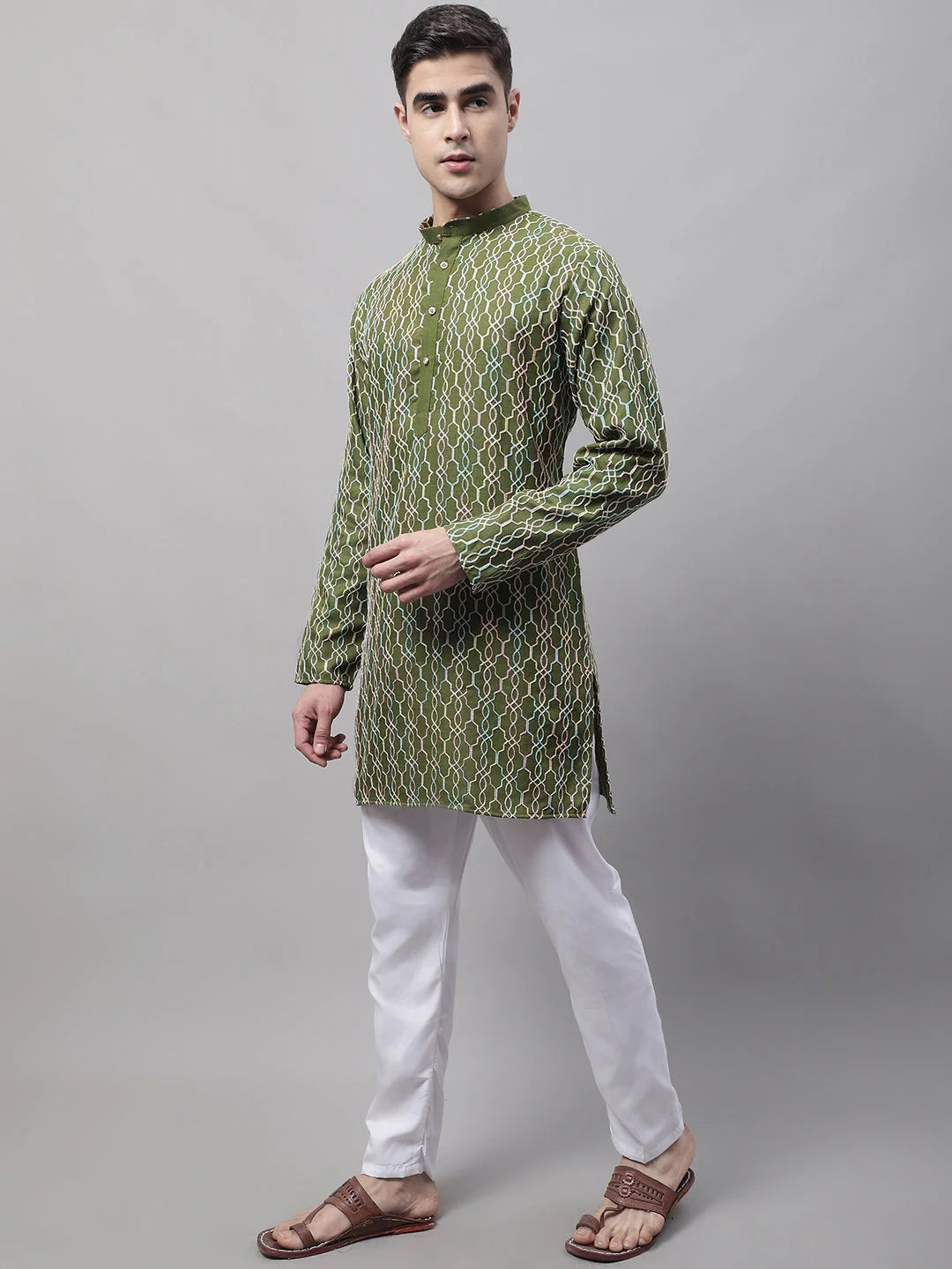 Olive Green Embroidered Kurta Pajama Set | Pathani Style