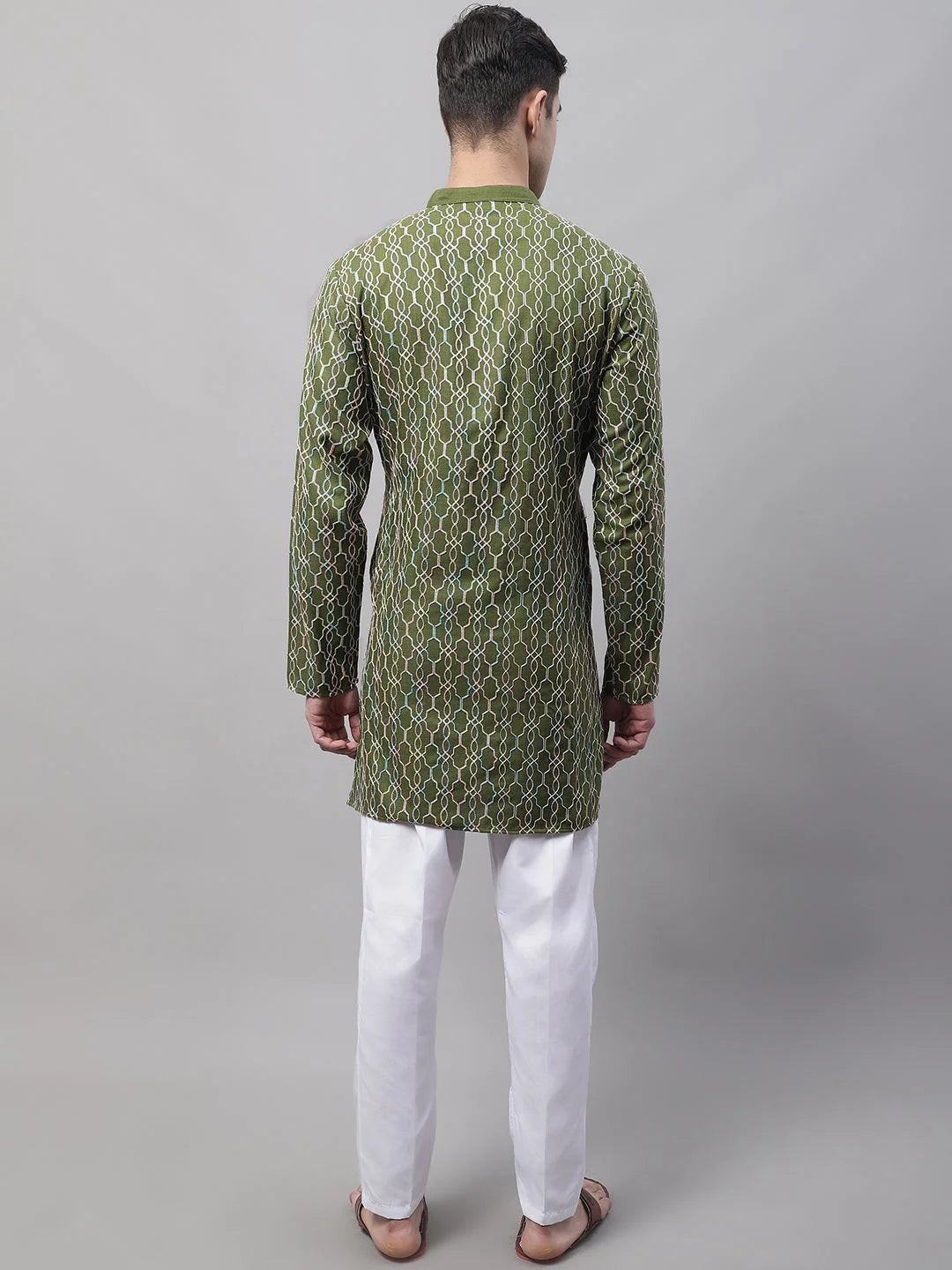 Olive Green Embroidered Kurta Pajama Set | Pathani Style