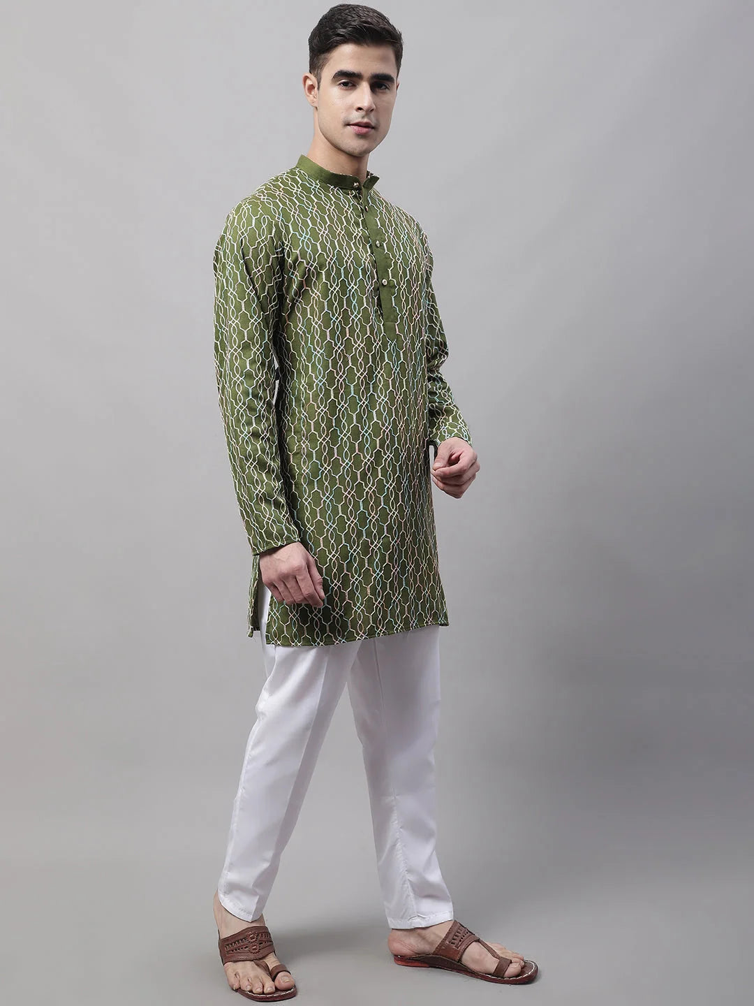 Olive Green Embroidered Kurta Pajama Set | Pathani Style