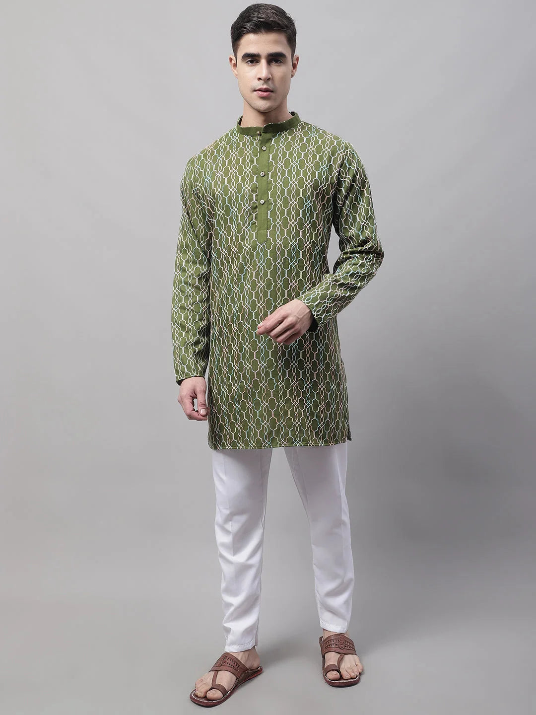 Olive Green Embroidered Kurta Pajama Set | Pathani Style