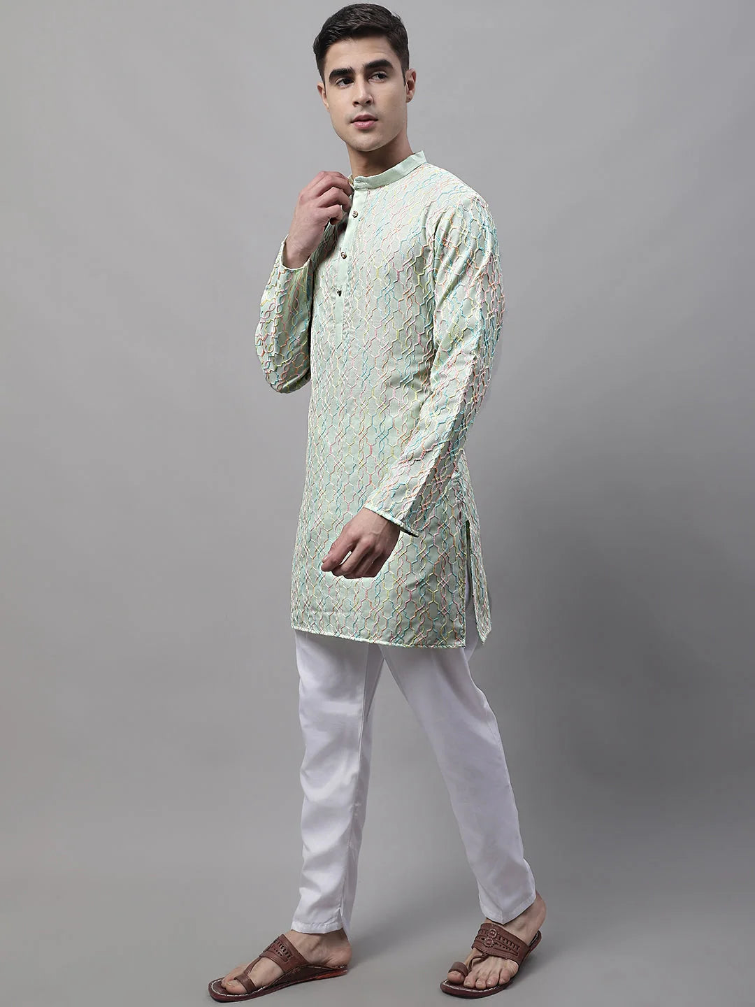 Pista Green Embroidered Mens Kurta Pajama Set | Cotton