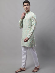 Men's Pista Green and Multi Coloured Embroidered Straight Kurta Pyjama Set-JOKP-689