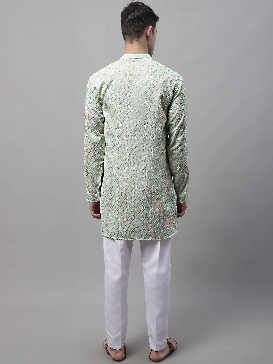 Pista Green Embroidered Mens Kurta Pajama Set | Cotton