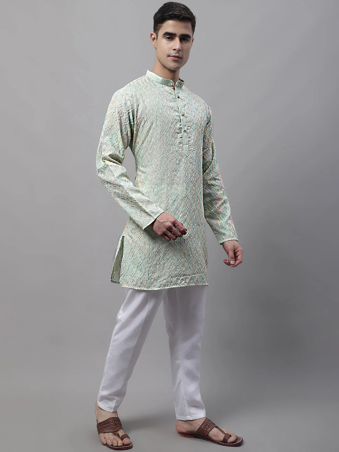 Pista Green Embroidered Mens Kurta Pajama Set | Cotton