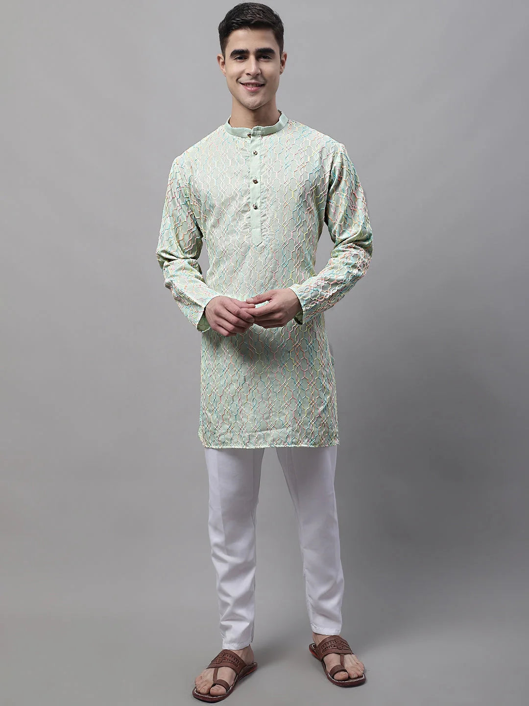 Pista Green Embroidered Mens Kurta Pajama Set | Cotton