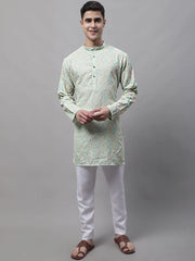 Men's Pista Green and Multi Coloured Embroidered Straight Kurta Pyjama Set-JOKP-689